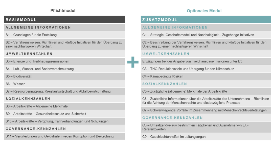 Tabelle: Übersicht der zwei VSME-Module: Pflichtmodul und Optionales Modul